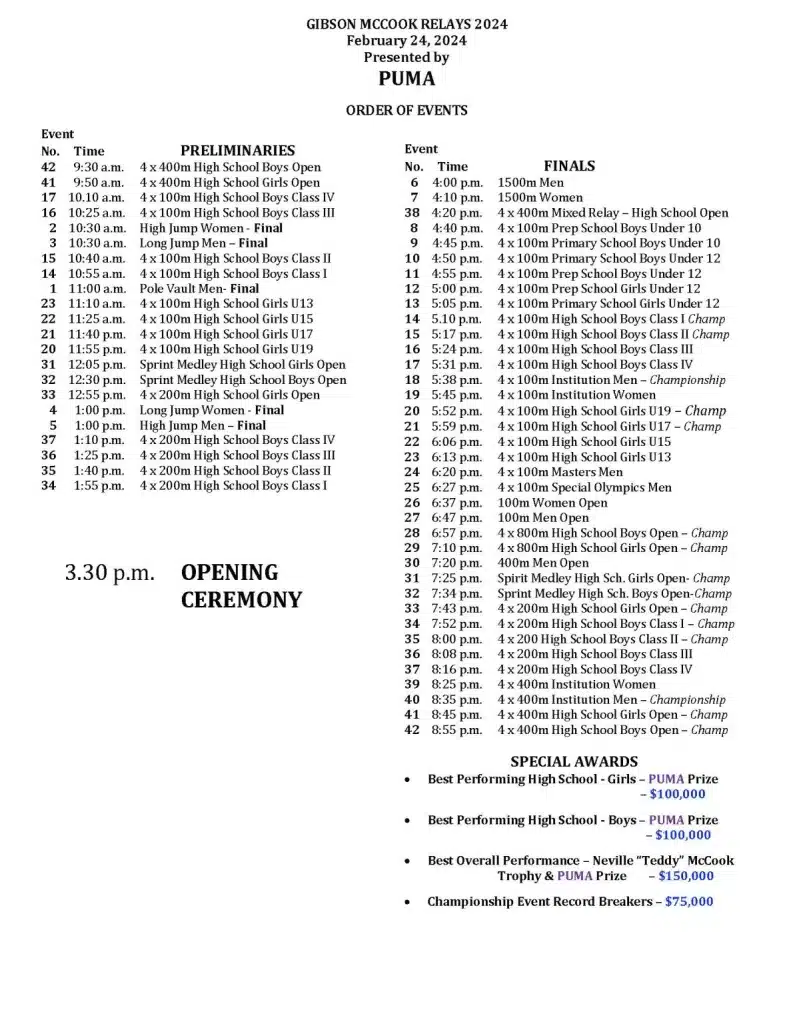 Gibson McCook Relays 2024 - Order of Events