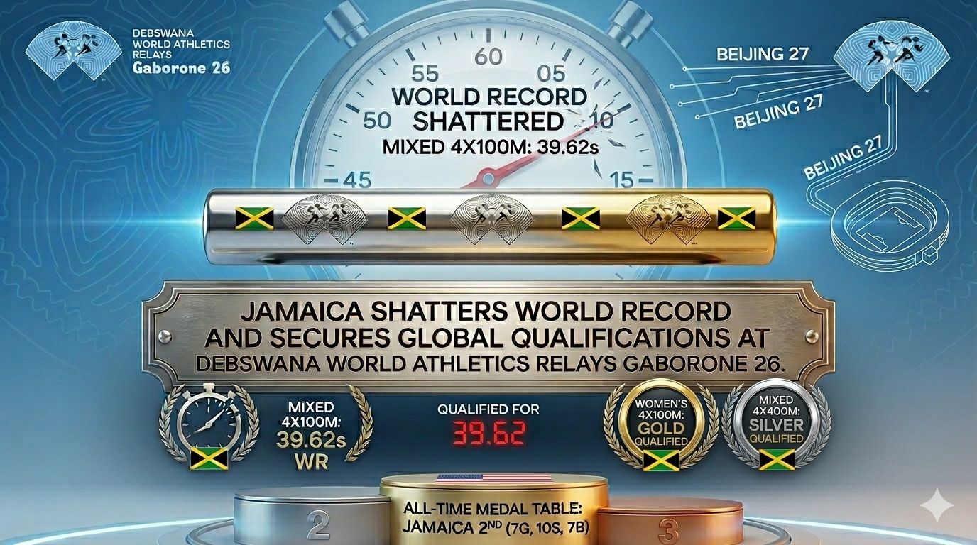 A digital graphic celebrating Jamaica's performance at the Debswana World Athletics Relays Gaborone 26, featuring a large stopwatch, a relay baton, and medals highlighting a world record time of 39.62s in the Mixed 4x100m.
